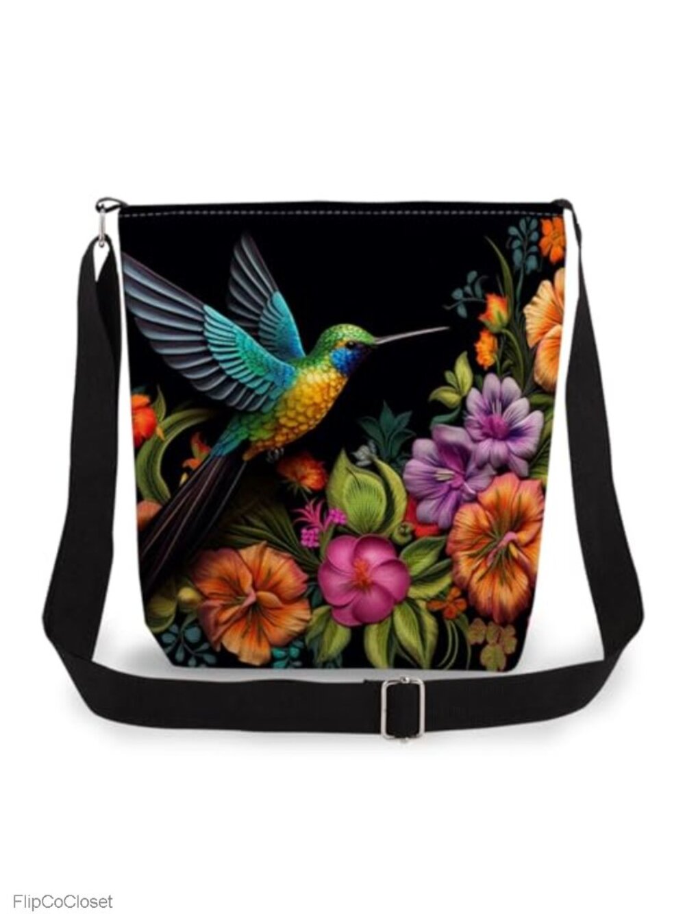 Floral Hummingbird Crossbody Bag Polyester Adjustable Strap Zip Pouch